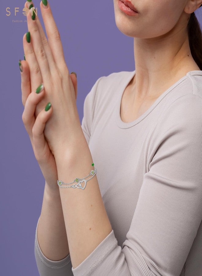 Sfoni Silver Bracelet for Women, Infinity Heart Bracelet with Cubic Zirconia Adjustable Layered Bracelets Forever Love Jewelry Gift for Mom Wife Girlfriend Friend Birthday Wedding Bride, Peridot - Image 3